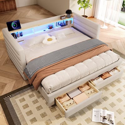 DESMIU Slaapbank 90x190 cm – Uitschuifbaar Met Ledverlichting En USB-C – 2 Laden En Opbergvakken – Voor Slaapkamer En Logeerkamer – Fluweel – Beige – Zonder Matras