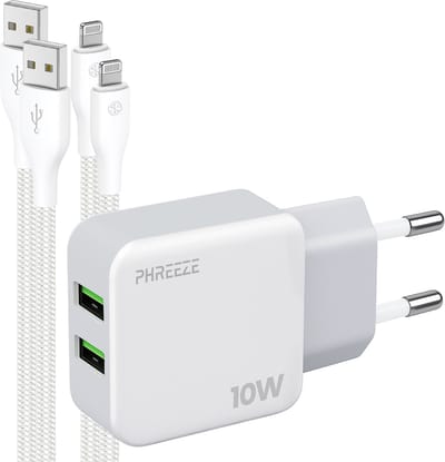 Phreeze usb lader 2.1 A - Geschikt voor iPhone en iPad met Lightning kabel 1m - Power adapter 5v 2a usb