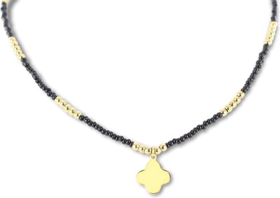 CO88 Collection 8CN-26281 Stalen Ketting met Kralen - Dames - Goudkleurig - 3 mm - Zwart - 2,5 mm - Klaver - 12 mm - Lengte 38 + 7 cm