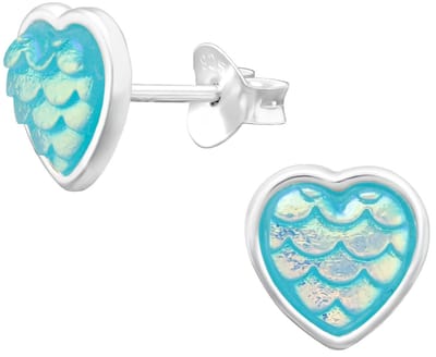 Joy|S - Zilveren hartje oorbellen - met glinsterende zeemeermin schubben blauw - 8 mm - kinderoorbellen