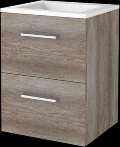 Basic Start 46 badmeubelset met wastafelonderkast met grepen, 2 lades en acryl wastafel zonder kraangaten 50 x 46 cm, scotch oak