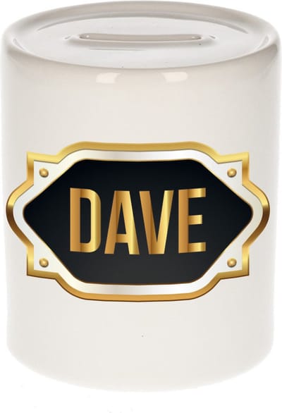 Spaarpot met voornaam Dave - wit - met goud/zwart embleem - 8 x 9 cm - keramiek - met afsluitdop - cadeau verjaardag