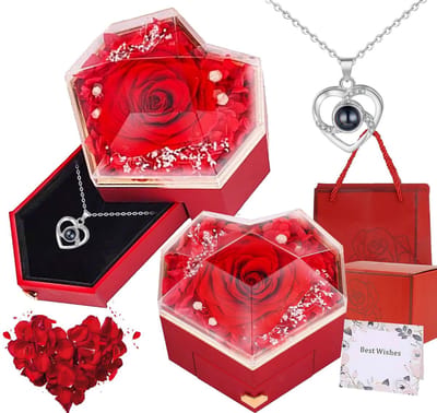 Cadeaus met geconserveerde rozen, exclusief voor vrouwen. Inclusief een doosje met eeuwige rozen en een hartvormige ketting. Een romantisch "Ik hou van je"-cadeau. Geschikt voor echtgenotes, moeders, grootmoeders, Valentijnsdag, Moederdag, verjaardag