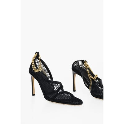 Mesh sandalen met goudkleurige kettingsluiting in Nero, Oro