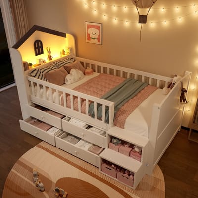MODENUIT Halfhoogslaper 90x200 cm – Huisvorm met venster en ledverlichting – 4 lades en opbergtrap – Zonder matras – Wit