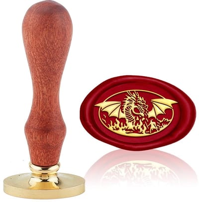 Solidchoice- Waszegel Draken Design - Vintage Stempel - Ovaal 30 x 20 mm - Afneembare Messing Stempelkop - Houten Handvat - Voor Decoratie