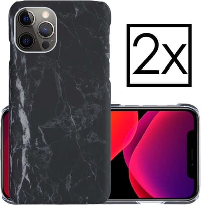 Hoes Geschikt voor iPhone 11 Pro Hoesje Marmer Back Case Hardcover Marmeren Hoes Marmer - Zwart - 2 PACK