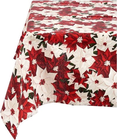 Krist+ Kerst tafelkleed - kerststerren - rood/wit - 140 x 180 cm - katoen/polyester canvas - tafellaken - wasbaar