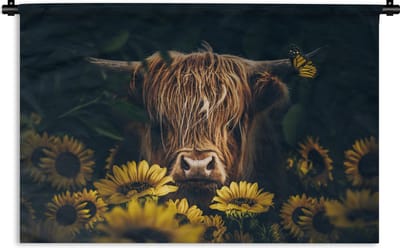 Wandkleed - Wanddoek - Schotse hooglander - Bloemen - Koe - Botanisch - Dieren - 180x120 cm - Wandtapijt