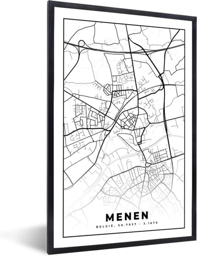 Fotolijst incl. Poster Zwart Wit- België – Menen – Stadskaart – Kaart – Zwart Wit – Plattegrond - 40x60 cm - Posterlijst