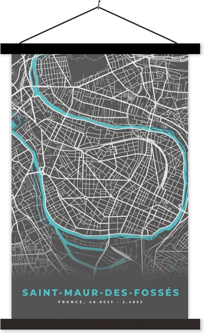 Posterhanger incl. Poster 40x60 cm - Schoolplaat - Saint-Maur-des-Fossés - Frankrijk - Plattegrond - Stadskaart - Kaart - Textielposter - Zwarte latten - Stadskaart