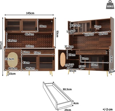 Buffetkast, 145x39x171 cm, landelijke stijl, 5 deuren, met LED-verlichting en ordnerplaat, deuren met geribbeld glas, Bruin