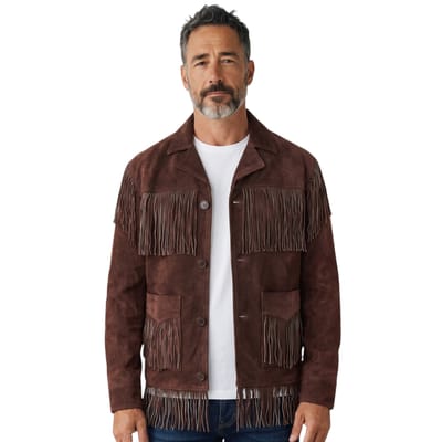 Heren Western Retro Brown Cowboy Suède Leren Fringe Jas - Braga