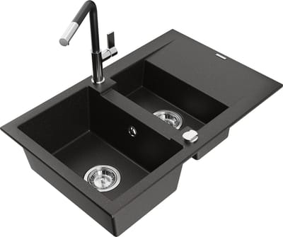 Mexen Gaspar granieten gootsteen met 1,5 kamer met afdruiprek en keukenkraan Flora, zwart/goud metallic - 6507-75-670401-07