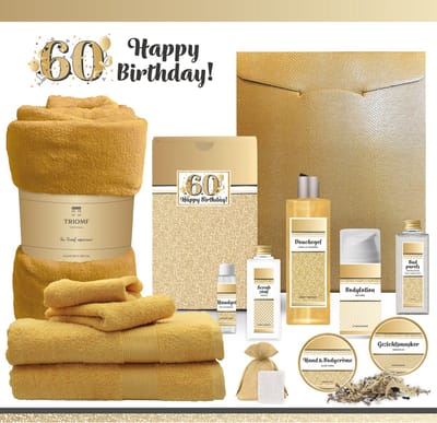 Geschenkset “60 Jaar Happy Birthday!” - 13 producten - 1980 gram | Giftset Cadeau Verjaardag - Speciaal Voor Haar Vrouw Gefeliciteerd Cadeaupakket Geschenk Pakket Gift Set Party Verjaardagscadeau Luxe Wellness Cadeaubox - Goud Oker Geel Okergeel