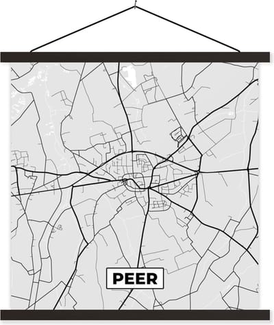 Posterhanger incl. Poster 60x60 cm - Schoolplaat - Stadskaart – Zwart Wit - Kaart – Peer – België – Plattegrond - Textielposter - Zwarte latten - Stadskaart