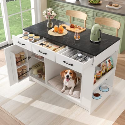 HAUSS SPOLE Keukenkast - Keukeneiland Met 3 Lades En Kruidenrek - Opbergkast Voor Keuken En Woonruimte - Houtcomposiet - 120x60x90 Cm - Wit