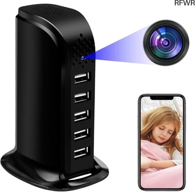RFWR® Verborgen Mini Spionagecamera met WiFi en Bewegingsdetectie - Draadloze 1080p HD USB Oplader met 5 Poorten