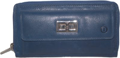 Oi antiek blauw lederen ritsportemonnee met retro slotje / grote damesbeurs voor veel pasjes met rits en draaislotje voor kleingeld vak / lange portemonnee afgesloten met rits en munt vak voorop / Anti skimming / glad oud blauw rundleder / 446Blue NR