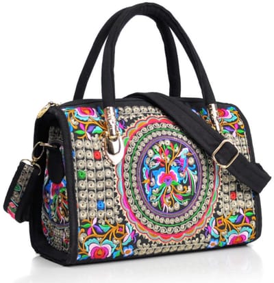 longziming -Dames Handtas Boho Stijl – Canvas Schoudertas met Bloemen Borduurwerk – Ruime Ethno Handtas met Ritssluiting voor Dagelijks Gebruik en Winkelen