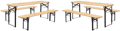 sweeek - Set van 2 opvouwbare tafels van dennenhout, 2 natuurlijke banken, bayonne, 12 plaatsen