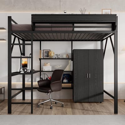 BLACKCOLORS IJzeren bed, hoogslaper, opbergruimte op twee niveaus onder het bureau, bovenbed met opbergruimte, met kast, ijzer + MDF, zwart, 140 x 200 cm