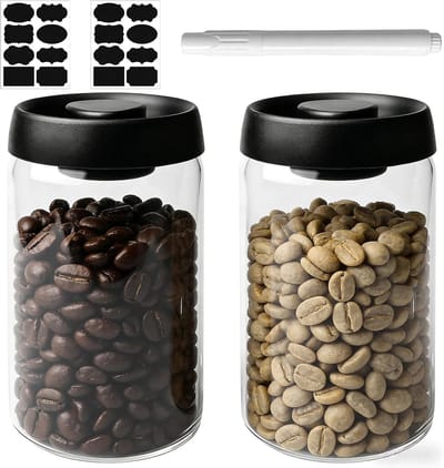 1,2 l koffieblik luchtdicht, 2 stuks glazen vacuümcontainers met zwart deksel en gouden knop, koffieopslagdoos, koffiecontainer vacuüm voor koffiebonen, thee, noten