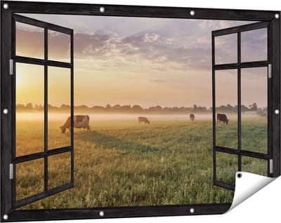 Gards Tuinposter Doorkijk Koeien in de Wei tijdens Zonsopkomst - 120x80 cm - Tuindoek - Tuindecoratie - Wanddecoratie buiten - Tuinschilderij
