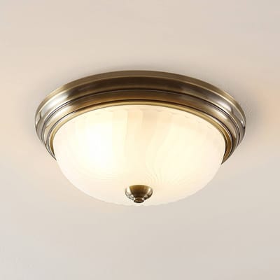 Lindby - plafondlamp - 2lichts - Ijzer, glas - H: 12.2 cm - E27 - antiek messing, opaal wit