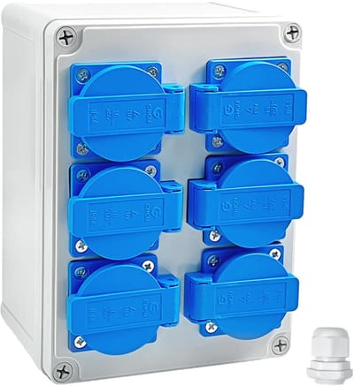 Wandverdeler 6 x 220 V, waterdicht IP54, vlamvertragend, opbouwverdeler voor binnen en buiten