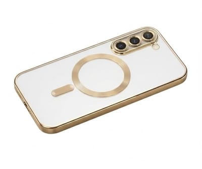 Transparant goudkleurig telefoon hoesje met metallic randen – geschikt voor Samsung S23 MagSafe – luxe backcover met MagSafe ring en camera bescherming