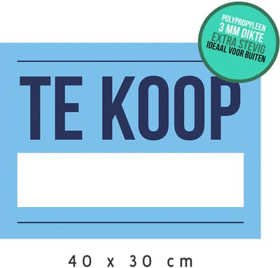 Bord/ paneel | "Te koop" | 40 x 30 cm | Ideaal voor buiten | For sale | Immobiliën | Huis verkopen | Woning verkopen | Makelaar | Blauw | 1 stuk