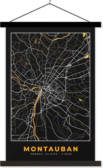 Posterhanger incl. Poster 40x60 cm - Schoolplaat - Frankrijk – Plattegrond – Kaart – Montauban – Stadskaart - Textielposter - Zwarte latten - Stadskaart