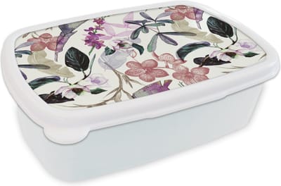 Broodtrommel Wit - Lunchbox - Brooddoos - Jungle - Bloemen - Vintage - Patronen - 18x12x6 cm - Volwassenen