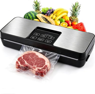 Vacuum Sealer voor Voedsel met 80 kPa, Ideaal voor Droge en Nat Voedsel, Inclusief Rol Folie en 10 Zakjes, Met Geïntegreerde Snijder