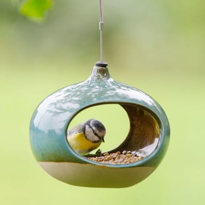 CJ Wildlife Vogelvoederhuisje voor Kleine Vogels & Tuinvogels - Vierno Diner - Hangend Voederhuisje - Keramisch Voederhuis - Groen