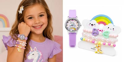 Unicorn Kinderhorloge met Armbandjes voor Meisjes 6-9 Jaar – 4 Delige Cadeauset – Paars Regenboog Horloge met Kleurrijke Kinder Sieraden