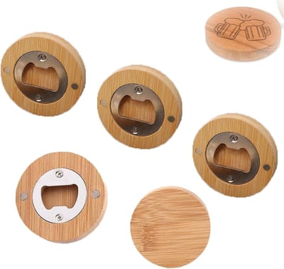 Houten Magneet Flesopener Set van 5 Stuks - Draagbare Ronde Bieropener van Bamboe met 6 cm Diameter voor Persoonlijke Koelkastmagneten en Cadeaus