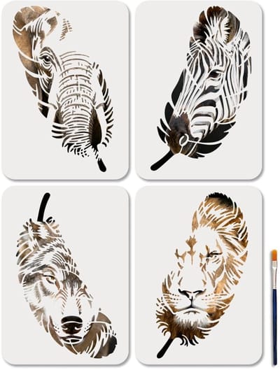 Dailygoods- Gezichtssjabloon Herbruikbaar - 4 Dieren/Schildersjablonen - 29,7 x 21 cm - Kunstkwast - Afrikaanse Fauna - Creatief Ontwerp - Schildersjabloon