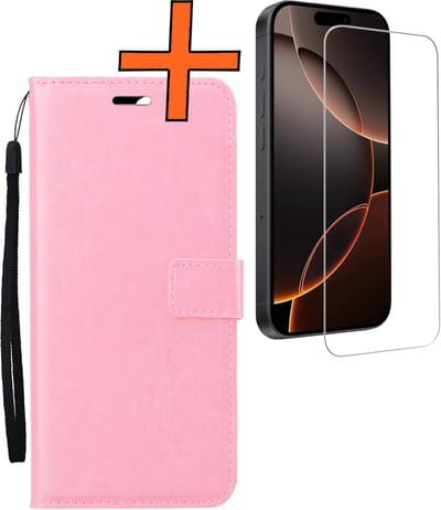 Hoes - Met Screenprotector - Geschikt voor Apple iPhone 16 Pro - Luxe Pasjeshouder - Bookcase Portemonee - Flip Case - Kunstleer Book Case - Flipcase - Book Cover - Walletcase - PortemonneeHoes - Lichtroze