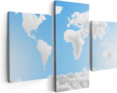 Artaza Canvas Schilderij Drieluik Wereldkaart Gemaakt Van Wolken - 90x60 - Foto Op Canvas - Canvas Print