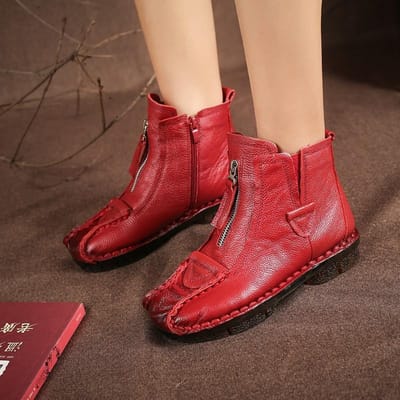 Winter Warm Plus Velvet Leer Dames Katoenen Schoenen Handgemaakt Etnische Stijl Retro Middelbare Leeftijd Koeienhuid Korte Laarzen Platte Hak Moederschoenen 39