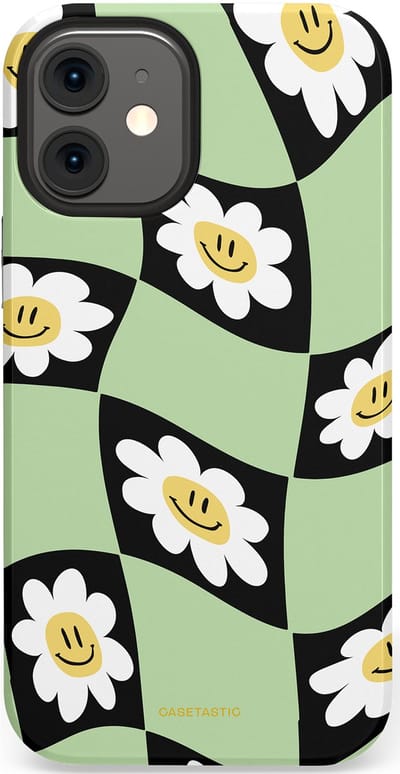 Casetastic hoesje geschikt voor Apple iPhone 12 Mini - Dubbellaagse bescherming - Golvende madeliefjes - Fashion Case - Mintgroen Zwart Wit Beige