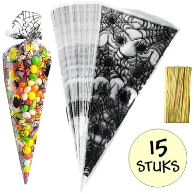 15x Cellofaan Puntzakken Spinnenweb - 34x17 cm - Puntzak Halloween Spinnenwebben - Traktatie Zak - Uitdeelzak - Snoepzak - Inclusief Sluitstrips - 17x34 cm - 15 Stuks