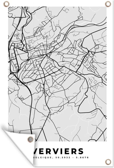 Muurdecoratie België – Verviers – Stadskaart – Kaart – Zwart Wit – Plattegrond - 120x180 cm - Tuinposter - Tuindoek