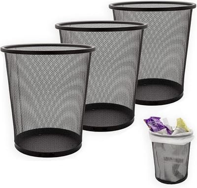 SnelShoppen - Set van 3 Metalen Prullenbakken 12L - Zwart, 26.5 cm Hoog, 23.5 cm Opening - Ideaal voor Kantoor, Slaapkamer en Badkamer