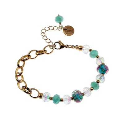 Armband Dames - Verguld RVS - Ovale Schakelarmband met Turkooisgroene Kristallen en Murano Glaskralen - Verstelbaar 16-20cm