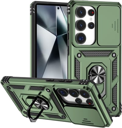 Coverup Hoesje - Geschikt voor Samsung Galaxy S25 Ultra Hoesje - Coverup Armor Ring Kickstand Back Cover met Camera Shield - Army Green