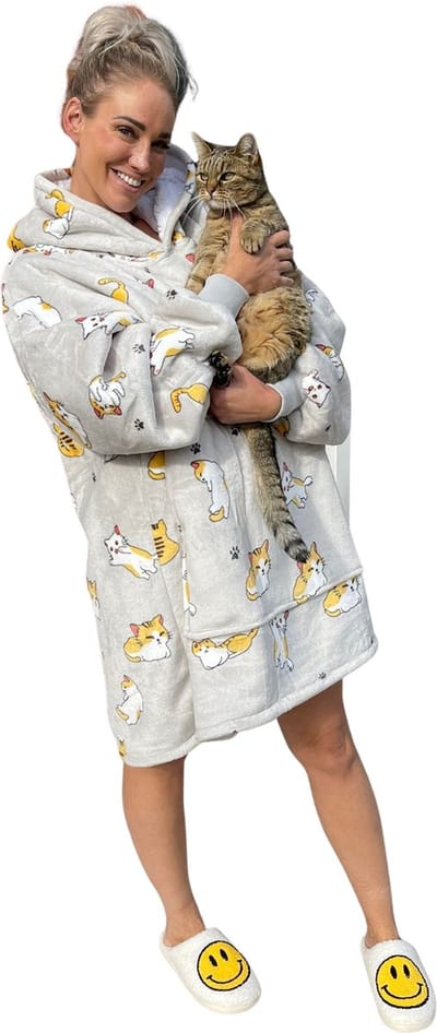 Badrock Hoodie deken - Fleece deken met mouwen en capuchon – Oversized hoodie – Fleece TV deken – Plaid met mouwen – Warm & zacht – hoodie blanket - Fleece poncho – Poezen