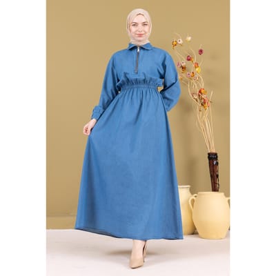 Met rits Elastische taille Denim Jurk Lichtblauw
